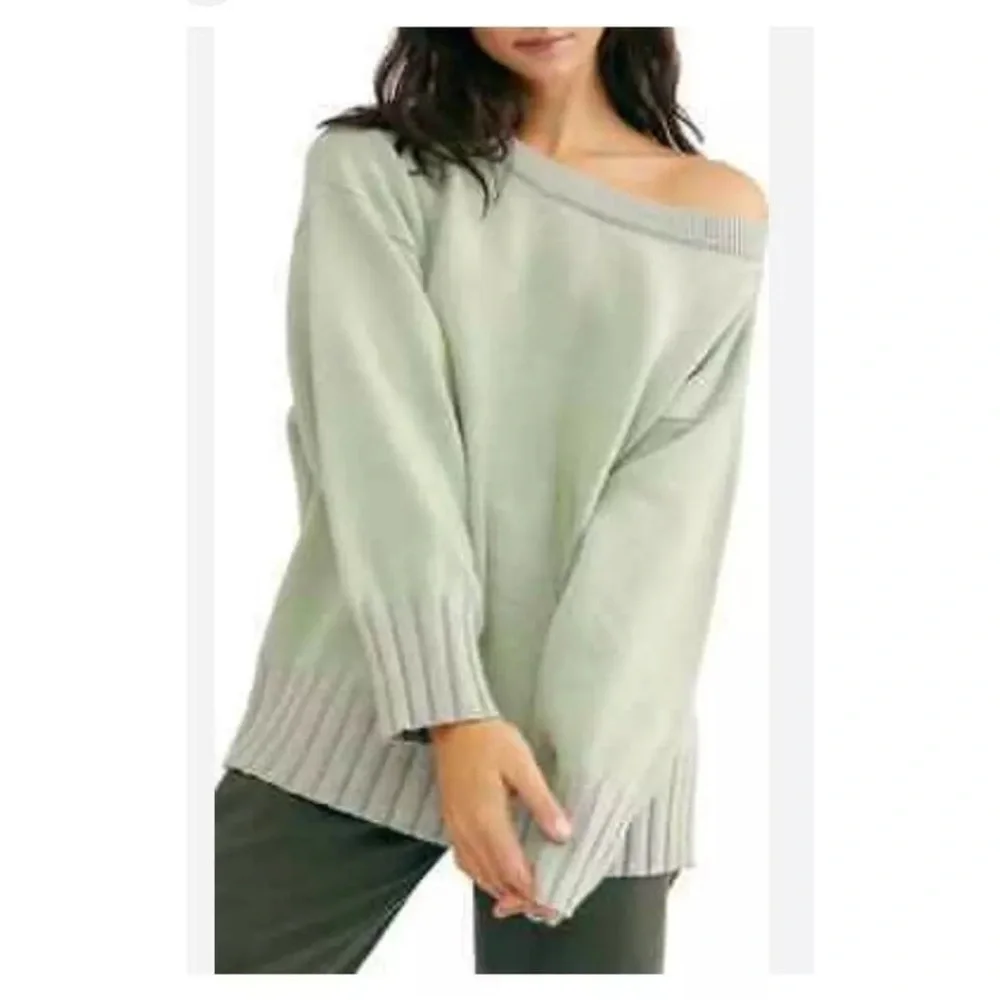 Free People Street Fair Light Green Oversized Crew Neck Sweater Size Large - Picture 1 of 6